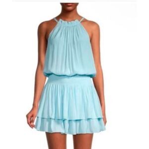 Ramy Brook Macy Halter Elastic Ruffle Mini Dress Ice Blue XXS NWT 395